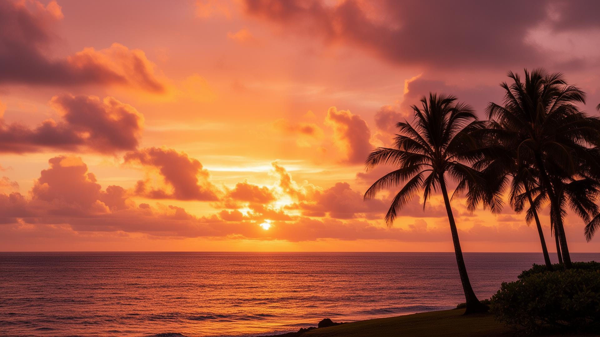 Golden sunset over the Hawaiian coastline